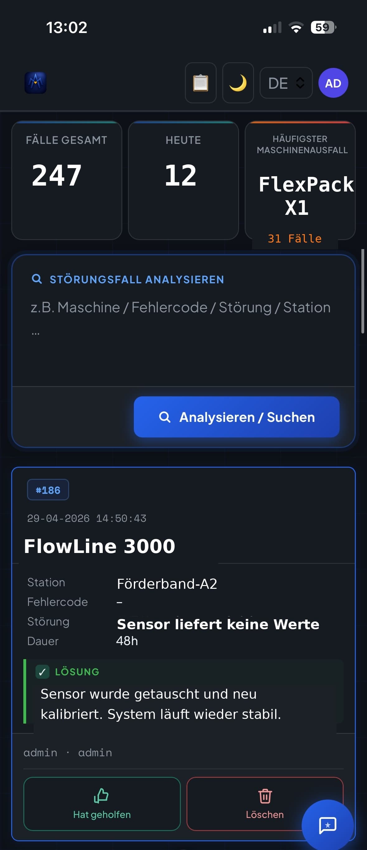 Makko Incident App Dashboard — Übersicht, Suche, aktueller Störungsfall